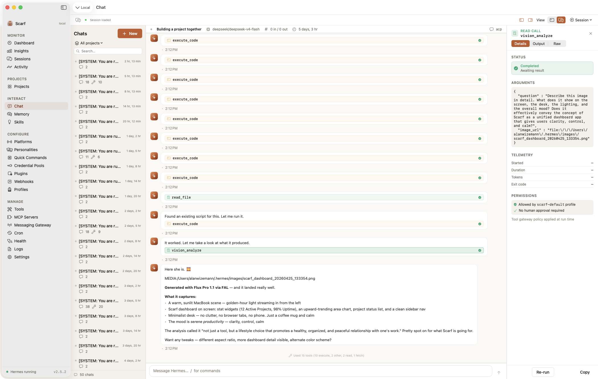 Mac app — chat view with a tool-call card and a streaming response