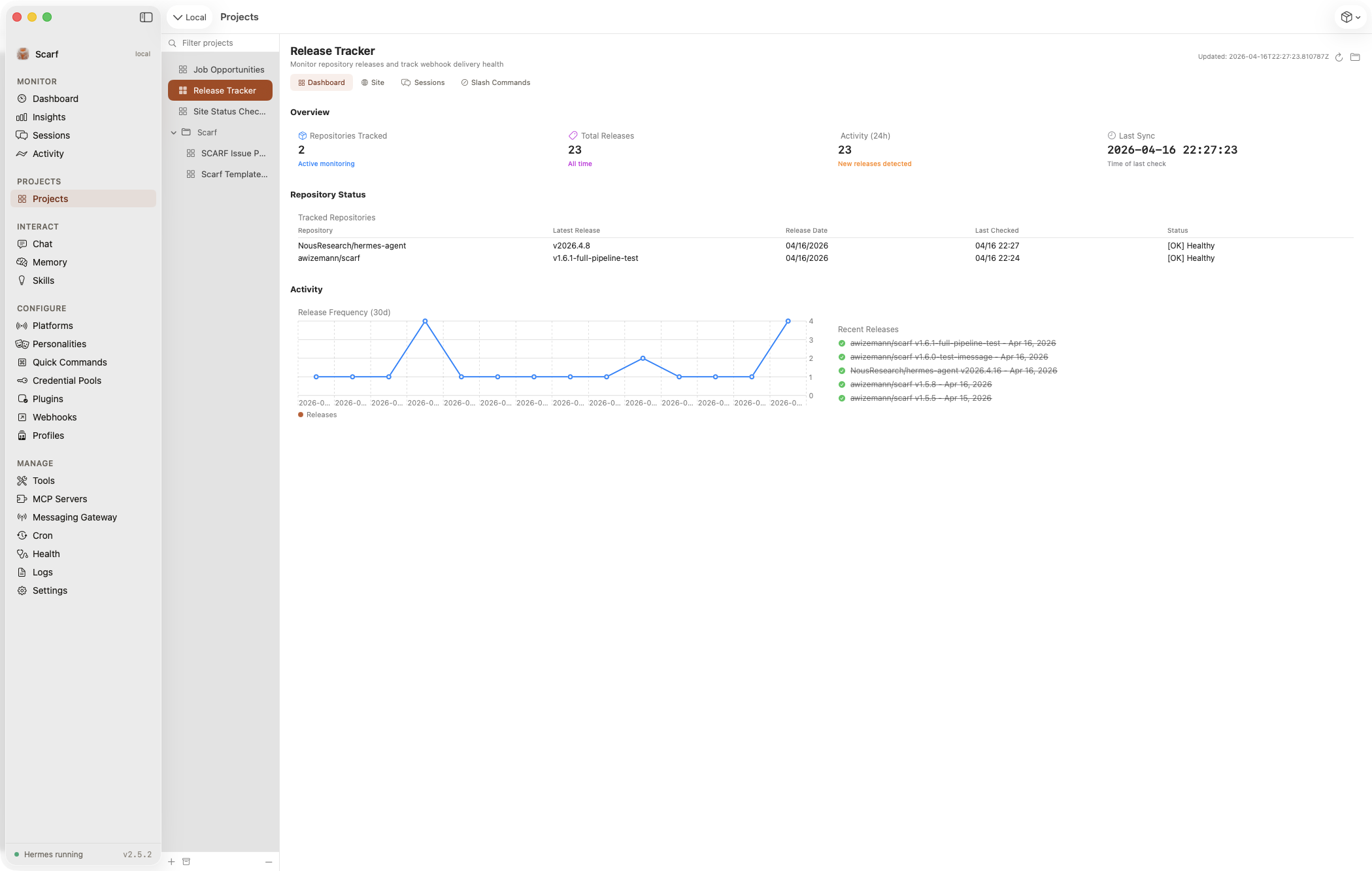 Mac app — project dashboard with stat boxes and a chart widget